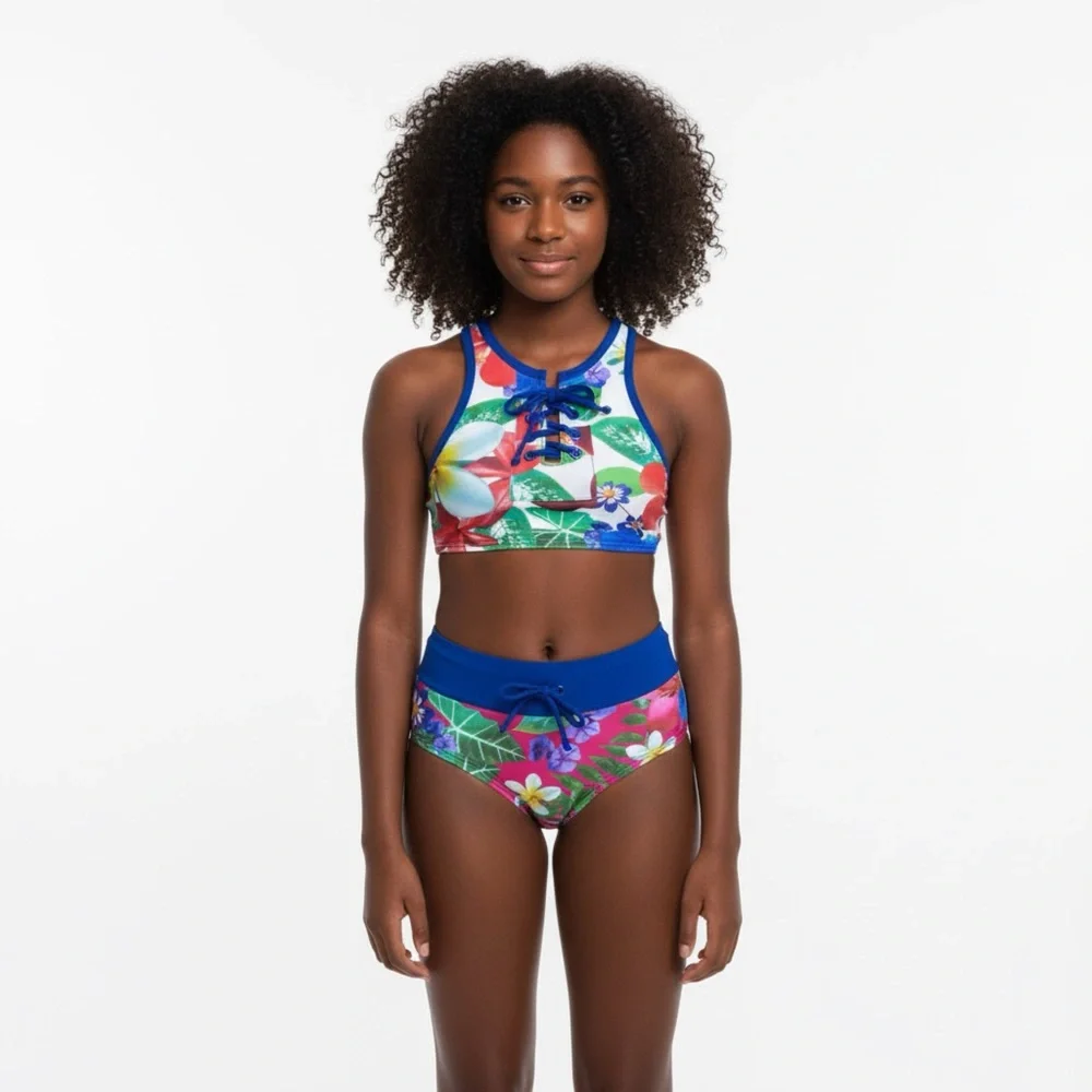 NEW Submarine Girls Hawaiian Floral 2-Piece Tankini Swimsuit Size‎ 14 / 12 Yrs